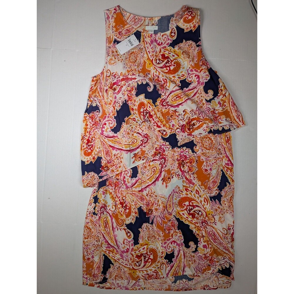 J. Jill Women's Sleeveless Orange Pink Navy Paisley Print Layered Dress Size Med